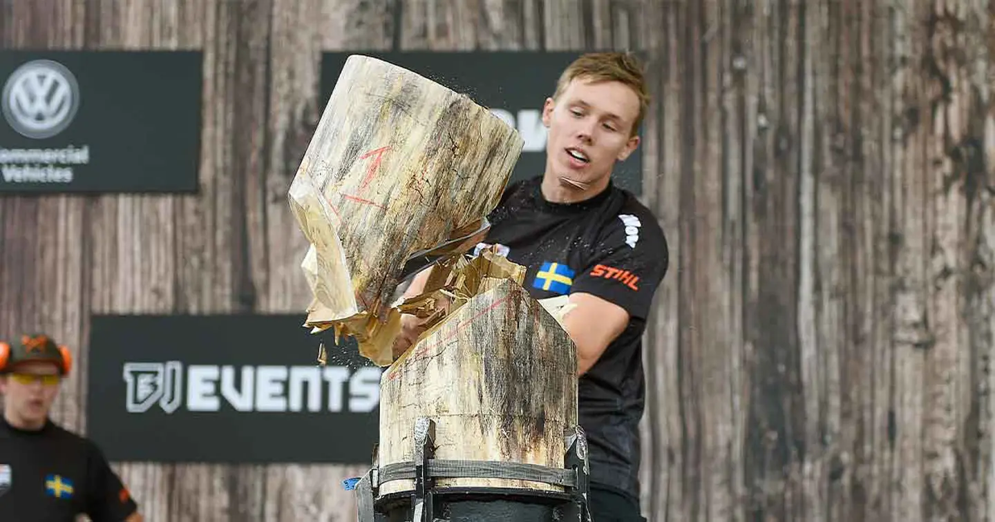 Ferry Svan hakt een houten boomstam